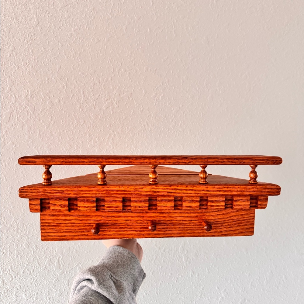 SOLD Solid Oak Corner Display Shelf